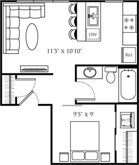 Floor plan for 1 bed, 1 bath, 485 sqft